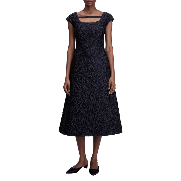 Pesca Short Sleeve Warp Floral Jacquard Boatneck Midi Dress image number null