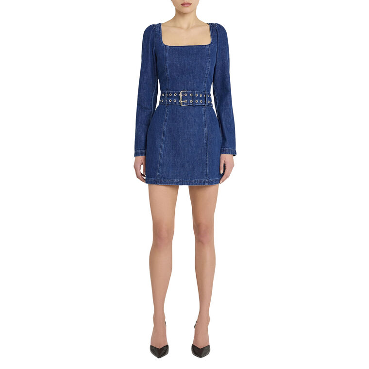 Thalia Belted Long Sleeve Denim Mini Dress image number null