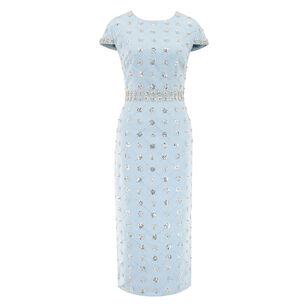 Cap Sleeve Hand-Embellished High Neck Midi Dress