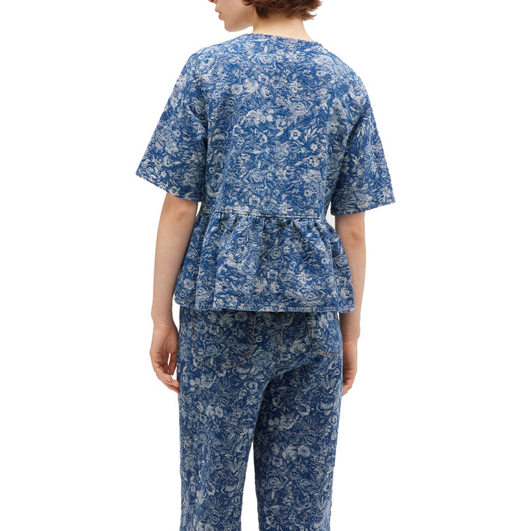 Short Sleeve Tapestry Denim Peplum Blouse image number null