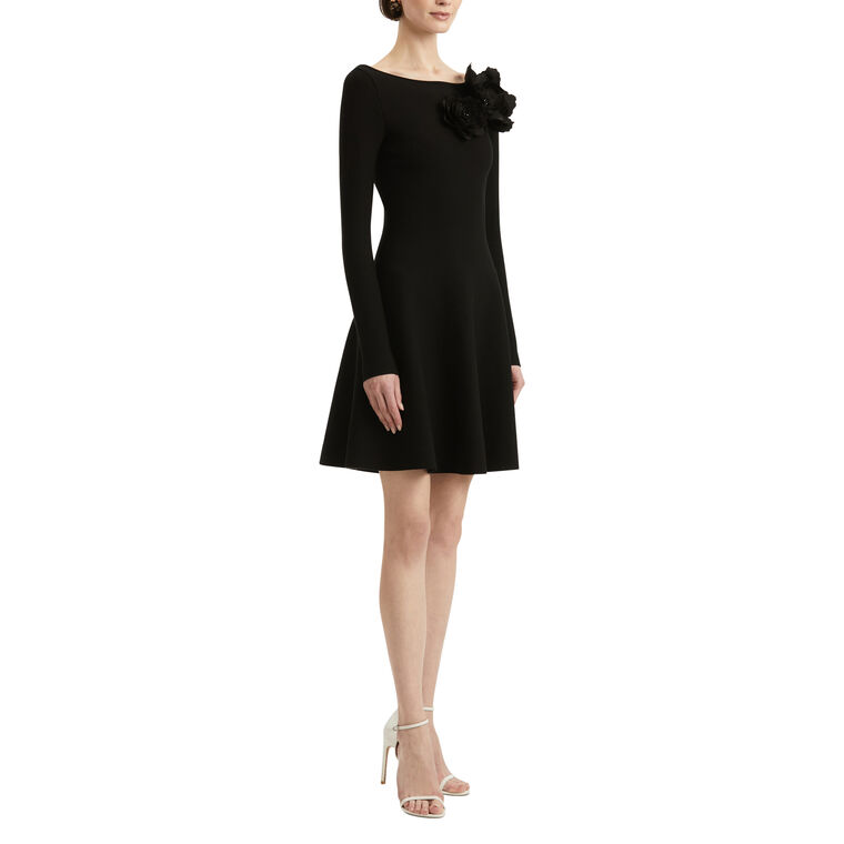 Off-The-Shoulder Flower Applique Long-Sleeve Knit Mini Dress image number null