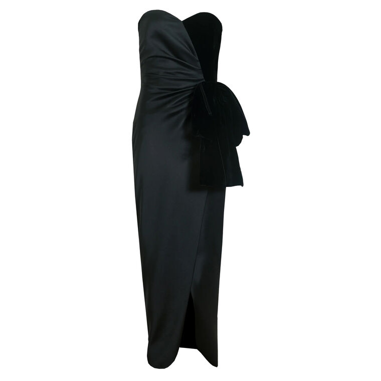 Lala Strapless Ankle-Length Satin Gown With Velvet Bow image number null