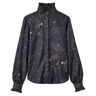 Cosmos Print Long Sleeve Blouse With Ruffle Stand Collar
