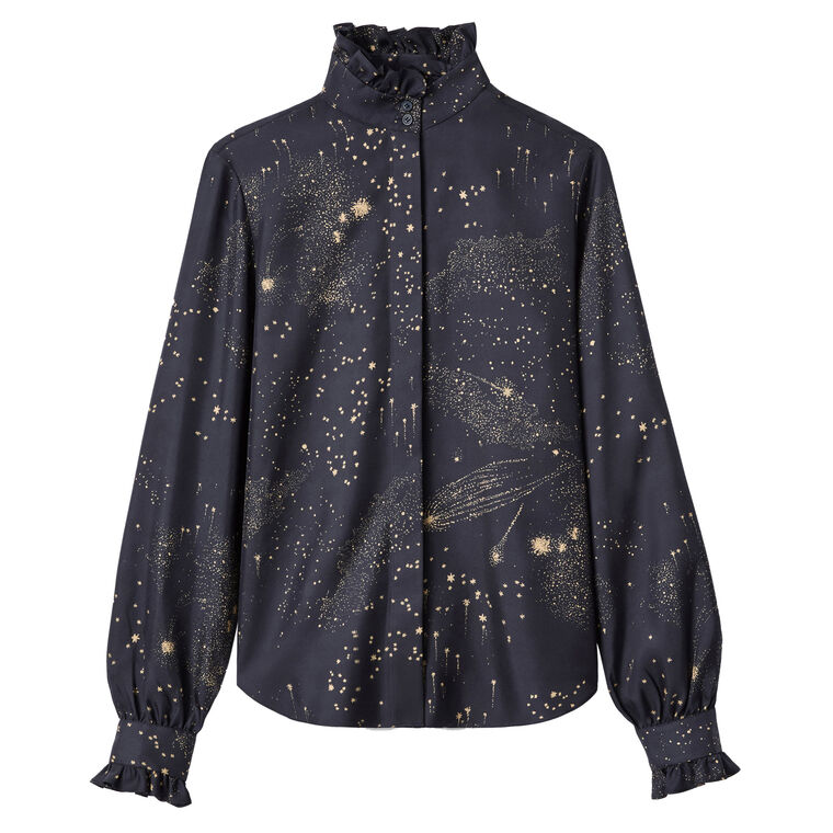 Cosmos Print Long Sleeve Blouse With Ruffle Stand Collar image number null