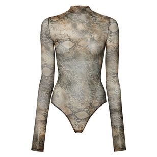 Long Sleeve Printed Mesh Mock Neck Bodysuit
