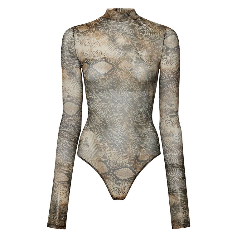 Long Sleeve Printed Mesh Mock Neck Bodysuit image number null