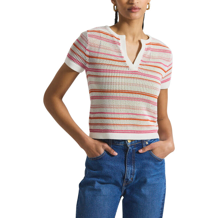 Andy Corded Mesh Split Neck Short Sleeve Sweater image number null