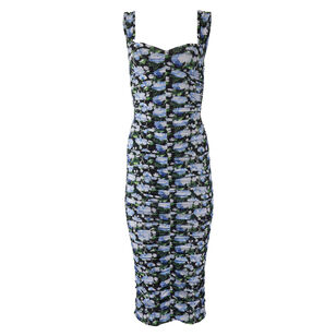 Thick Strap Ruched Peony-Print Midi Dress