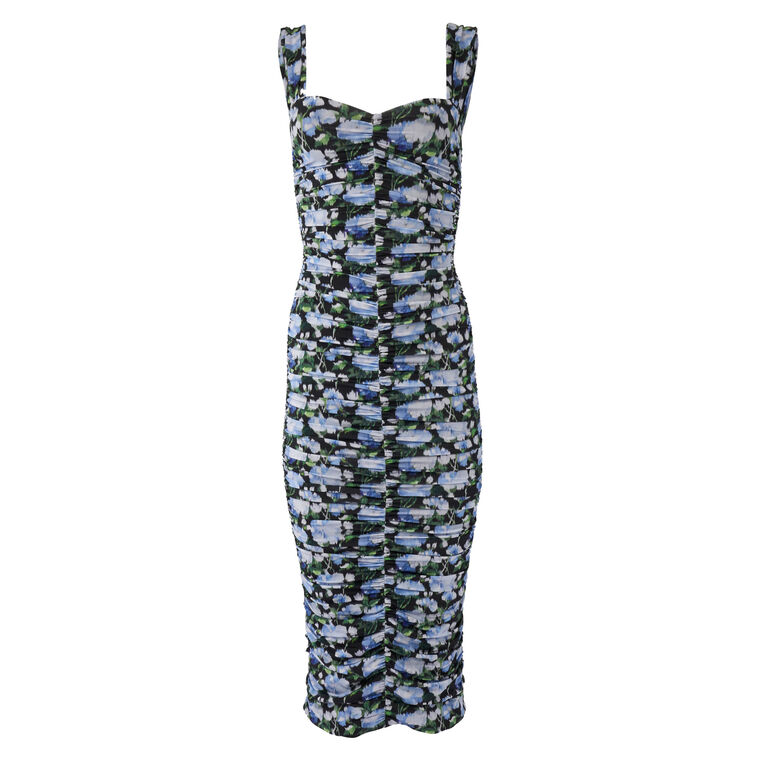Thick Strap Ruched Peony-Print Midi Dress image number null