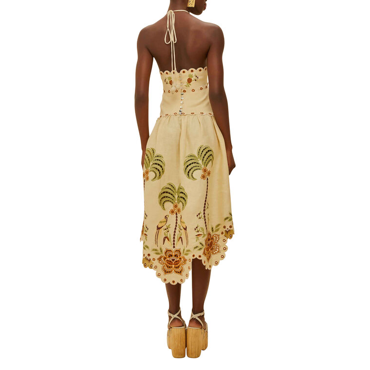 Delicate Forest Embrodered Linen Halterneck Midi Dress image number null