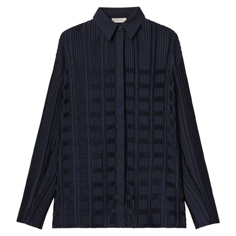 Recycled Satin Basketweave Plisse Long Sleeve Blouse image number null