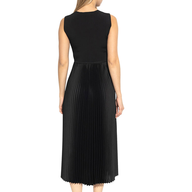 Pleated Satin Combo Crewneck Midi Dress image number null