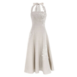 Pippa Sleeveless Linen Midi Dress With 3D Floral Applique