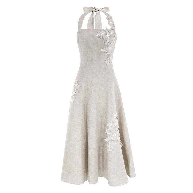 Pippa Sleeveless Linen Midi Dress With 3D Floral Applique image number null
