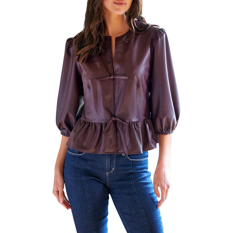 Luna 3/4 Sleeve Vegan Leather Peplum Top image number null