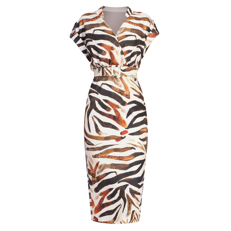 Cap Sleeve Zebra Print Midi Shirt Dress With Belt image number null