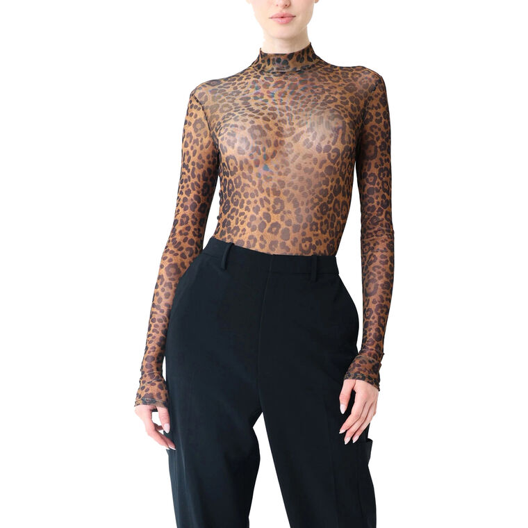 Long Sleeve Printed Mesh Mock Neck Bodysuit image number null