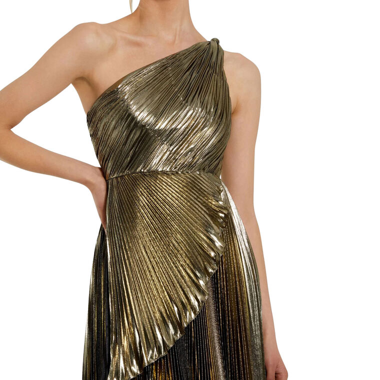 Pleated Metallic One Shoulder High Low Gown image number null
