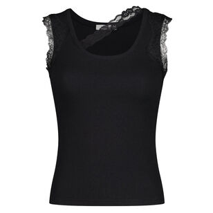 Ribbed Tank Top With Lace Trim Neckline