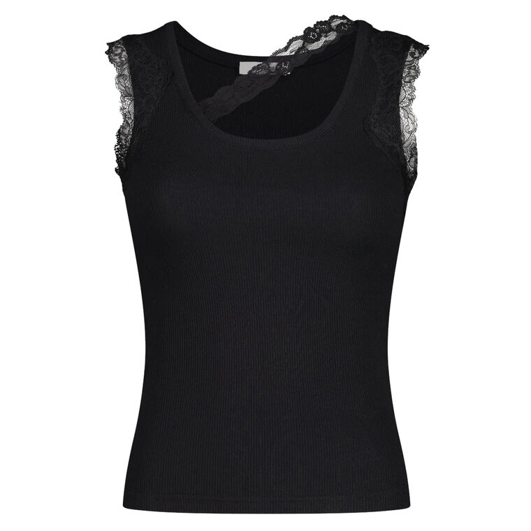 Ribbed Tank Top With Lace Trim Neckline image number null