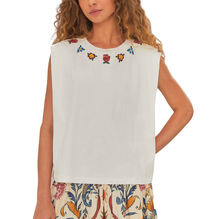 Beaded Flowers Sleeveless Cotton T-Shirt image number null