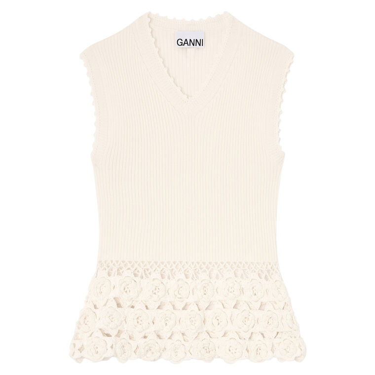 Sleeveless Fine Cotton Rib Crochet Top image number null
