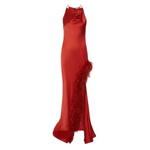 Satin Halter Gown With Feathers