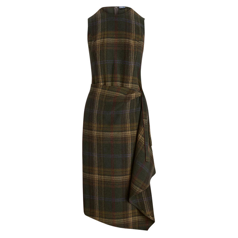 Plaid Wool Blend Sleeveless Faux-Wrap Day Dress image number null