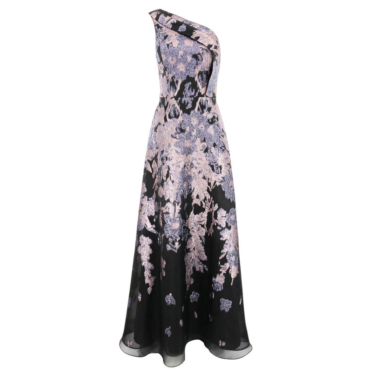 Floral Metallic Jacquard Pleated One Shoulder Gown image number null