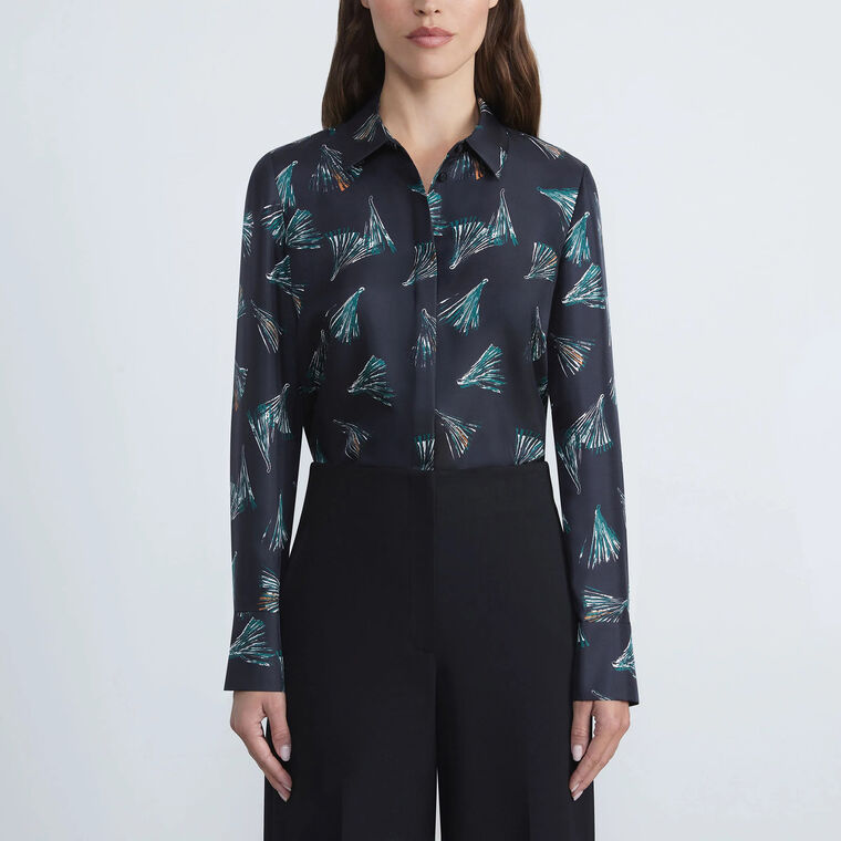 Scottie Printed Silk Button Down Blouse image number null