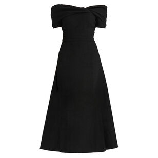 Off-The-Shoulder Slubby Wool Tweed Cocktail Midi Dress