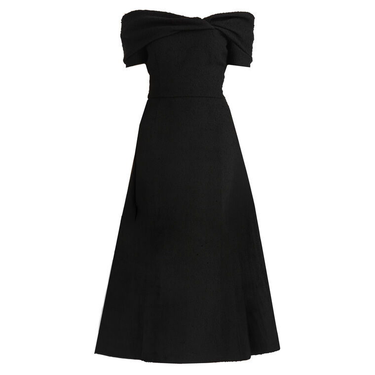 Off-The-Shoulder Slubby Wool Tweed Cocktail Midi Dress image number null