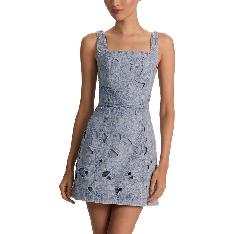 Maryann Sleeveless Laser-Cut Eyelet Denim Mini Dress image number null