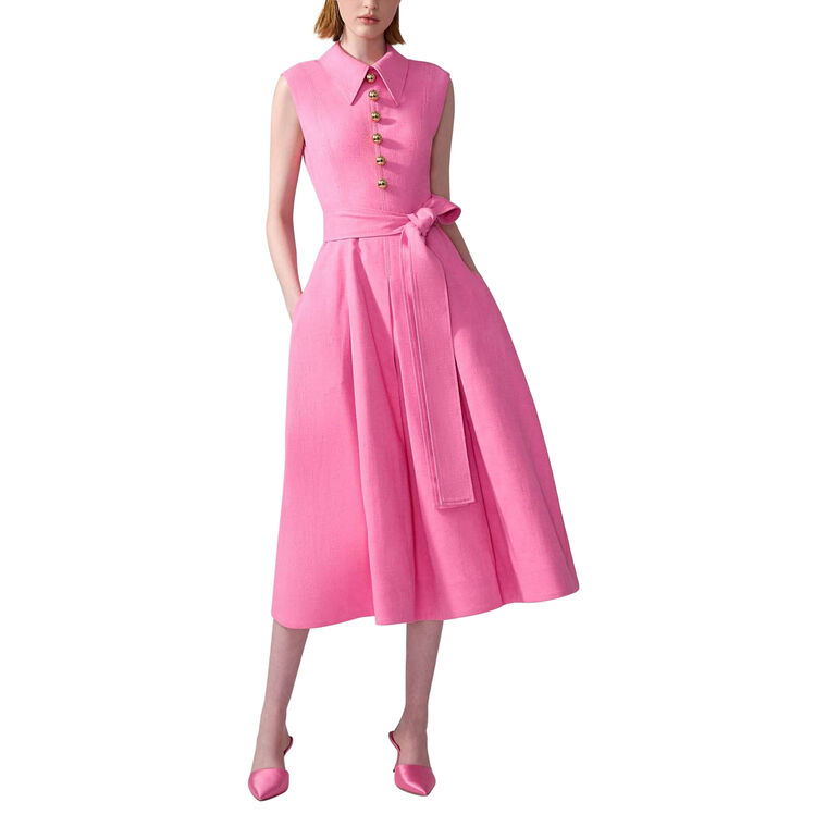 Sleeveless Belted Pleated Midi Dress With Collar image number null