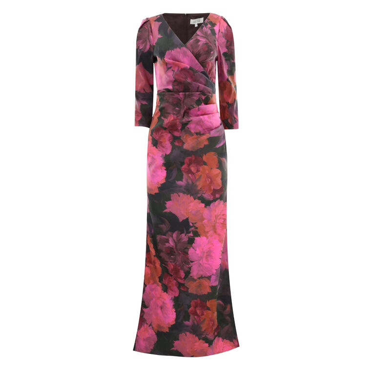 Floral Stretch Mikado Ruched Gown image number null