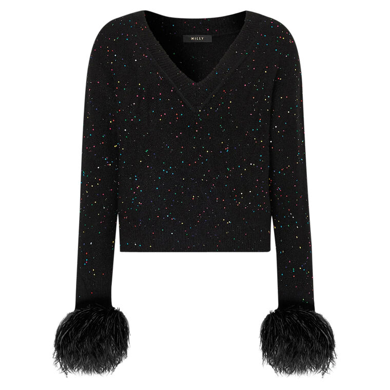 Sequin Feather Cuff V-Neck Sweater image number null
