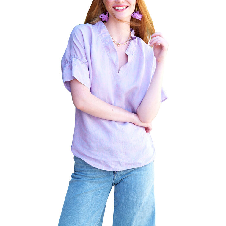 Crosby V-Neck Ruffle-Trim Linen Top image number null