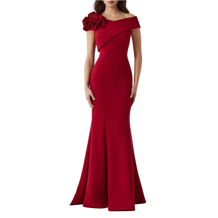 Crepe Asymmetrical Flower Feather Gown image number null