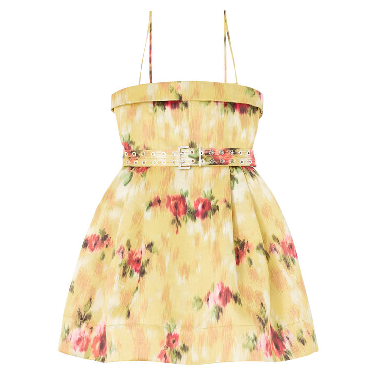 Sleeveless Printed Duchesse Satin Belted Bubble Mini Dress image number null
