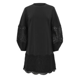 Lace Inset Cotton Poplin Long Sleeve Shift Dress