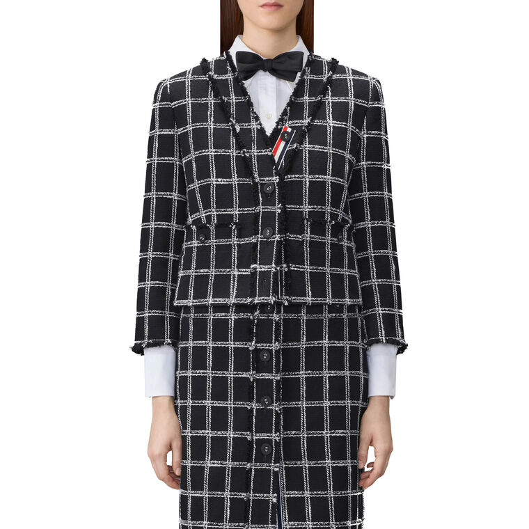 V-Neck Cardigan Jacket In Windowpane Houndstooth Tweed image number null