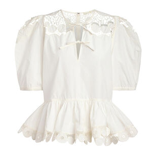 Lucile Puff Sleeve Scalloped Embroidery Peplum Top