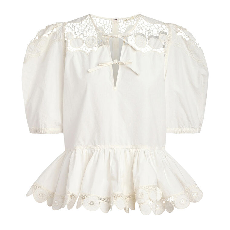 Lucile Puff Sleeve Scalloped Embroidery Peplum Top image number null