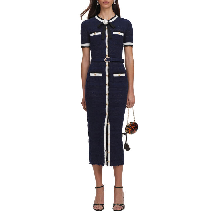 Short Sleeve Pointelle Knit Belted Midi Dress image number null
