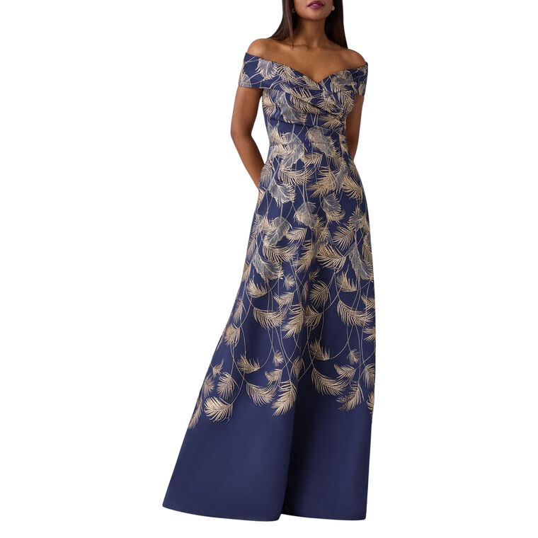 Jacquard Leaf Pattern Off Shoulder Gown image number null