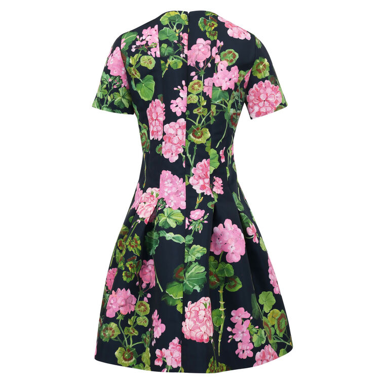 Geranium-Print Faille Flared Dress image number null