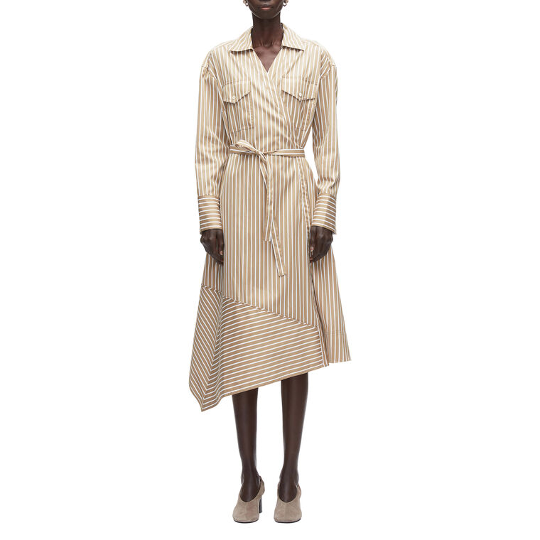 Long Sleeve Stripe Poplin Midi Wrap Shirt Dress image number null