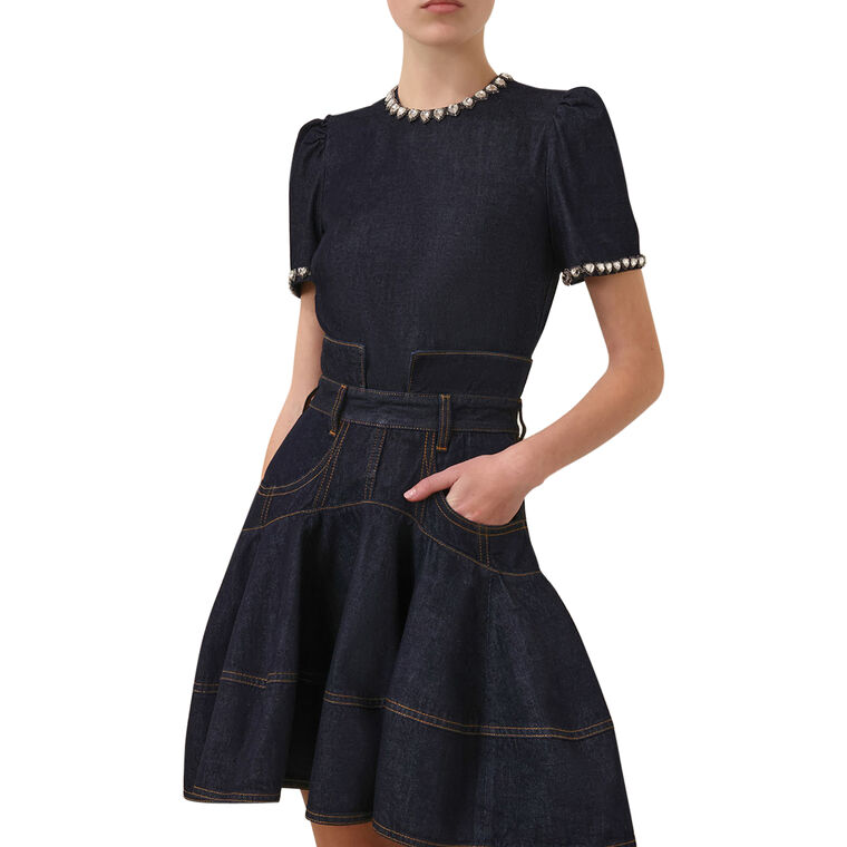 Jewel-Embellished Short Sleeve Denim Top image number null