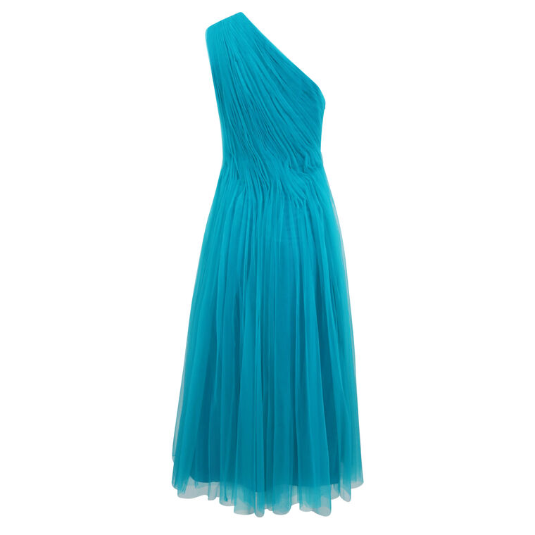 Ruched One-Shoulder Tulle Midi Dress