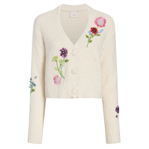 Solene Long Sleeve Floral-Embellished Boucle Cardigan